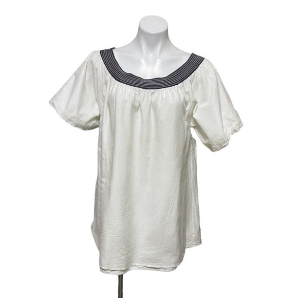 Garnet Hill SZ 16 White Cotton Silk Scoop Neck Grey Neckline Short Sleeve Tunic - Picture 2 of 7